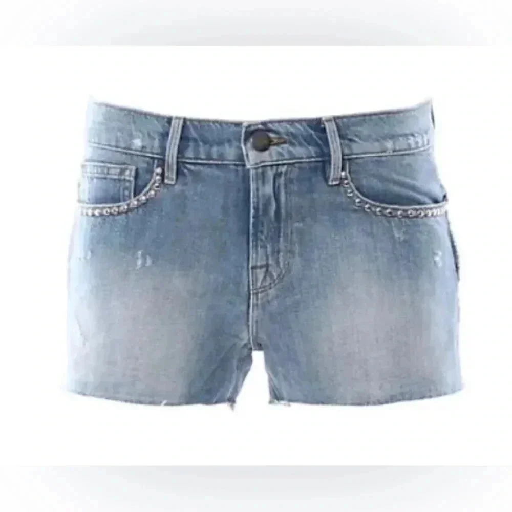 Woman FRAME Blue Le Studded Cut Off Denim Jean Shorts Sz 25 EUC Silver